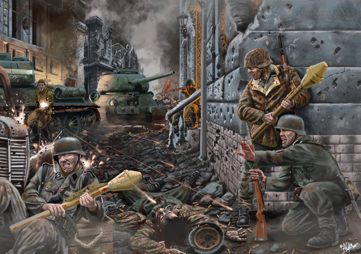 Realista ilustración de Antonio Gil que nos muestra un puñado de Waffen SS franceses, de los últimos defensores de Berlín, en encarnizada lucha con infantes del Ejército Rojo.