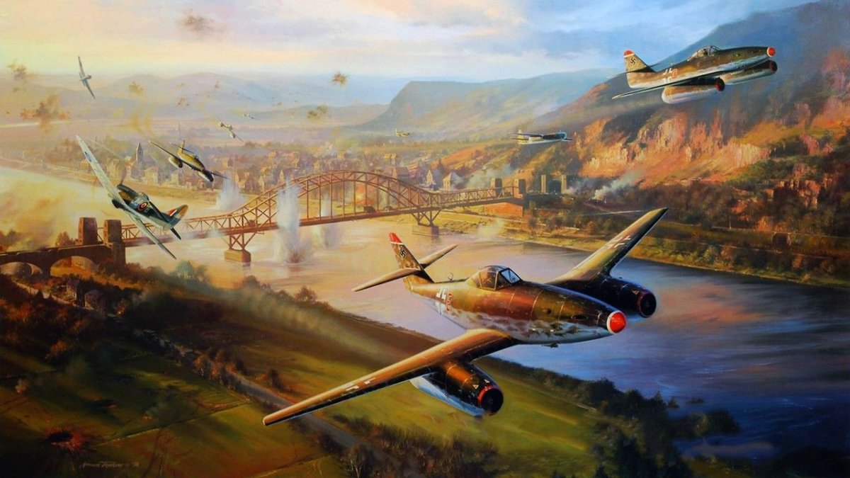 Ilustración que recoge el ataque aéreo de varios Me-262 al puente de Remagen (créditos de la ilustración a su autor).