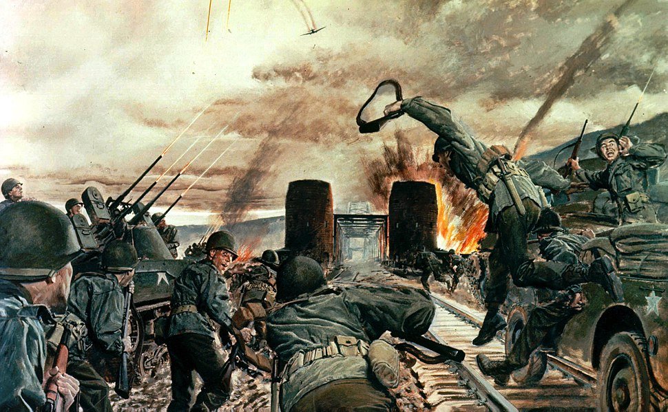 Ilustración que recrea la fiereza de los combates durante la toma del puente de Remagen (créditos de la ilustración a su autor).